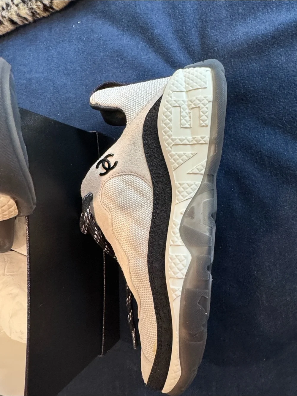 CHANEL Cream and Black Mesh & Suede Athletic Sneakers